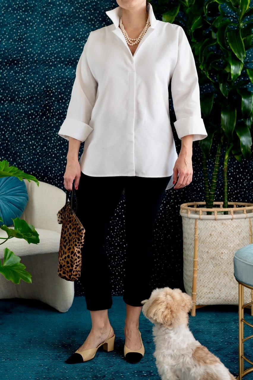 Luxe White Cotton Tunic Top with Collar — The Maggie - Senza Tempo Fashion